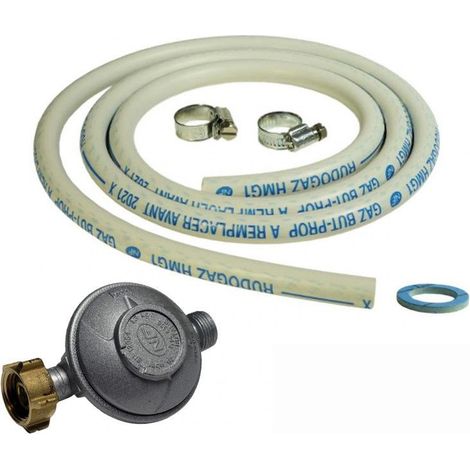 Kit connexion gaz pour réchauds gaz Tuyau gaz souple 1.50m + Embout tétine + détendeur BUTANE 28 mbars (1/8)