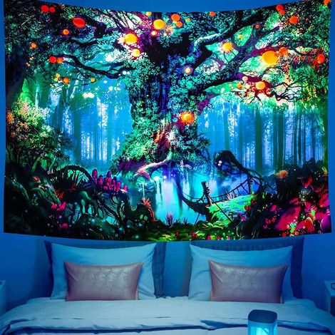 Blacklight Tree Fantasy Forest Fairy Tapestry, Nature Magical Elves Tapestry Wall Hanging, Trippy UV Reactive Tapestries for Bedroom - 150cm x 200cm (1/5)