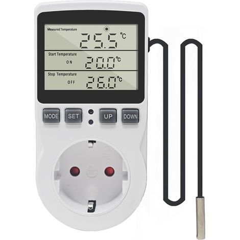 Prise Thermostat Regulateur de Temperature Numerique 220V Chauffage Refroidissement avec Sonde, LCD Prise Contrôleur de Température pour Frigo Incubateur Serre Ventilateur (1/5)