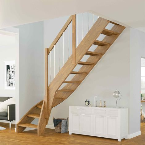 Dolle Raumspartreppe Faro 1/4-gewendelt 243-299cm GH 55-75cm breit Eiche versiegelt Stabgeländer aus Edelstahl rund 16 mm