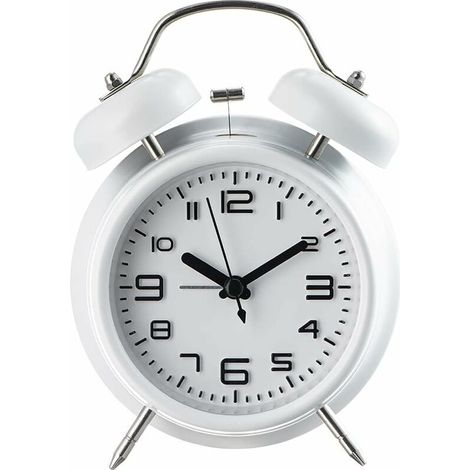 Powerful Alarm Clock for Heavy Sleeping Adults, Silent Double Bell Bedroom Alarm Clock, Battery Powered Analog Alarm Clock with Backlight (4 inch, White) (1/5)