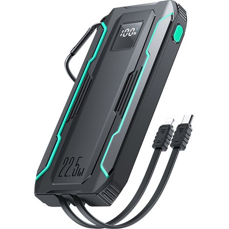 Batterie externe d'extérieur 10 000 mAh avec câbles USB-C et Lightning intégrés, noir (1/5)