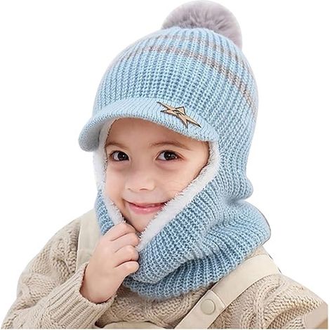 ABYSSE-Cagoule enfant, ensemble 2 en 1, bonnet et écharpe d'hiver chauds et coupe-vent, convient aux tout-petits et aux garçons, capuche douce avec pompons, bleue. (1/5)