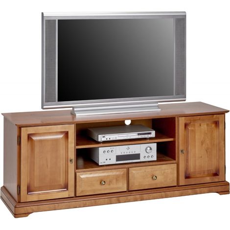 Beaux Meubles Pas Chers – Meuble TV 60 pouces en merisier – 2 portes, 2 tiroirs – Dimensions : 158.8 x 60.3 x 46 cm – Quincaillerie en métal doré vieilli (1/4)