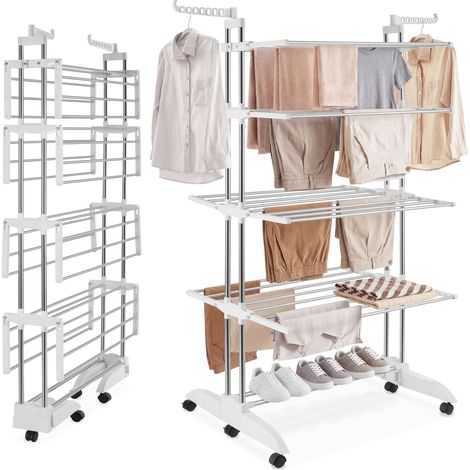 Séchoir 4 étages tour pliable, blanc, gris chrome 125x63x179cm (1/5)
