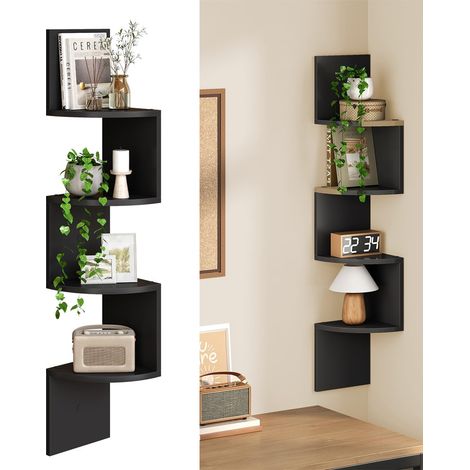 LEDANDER Étagère murale zigzag d’angle 5 niveaux, étagère flottante en bois rustique, rangement et présentoir pour petit espace, chambre salon cuisine (1/5)