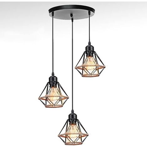 pendant light industrial retro design, hanging chandelier 3 lamp metal hemp rope, ceiling lighting living rooms kitchen black Ø160mm, bulbs E27 max.60W (1/5)