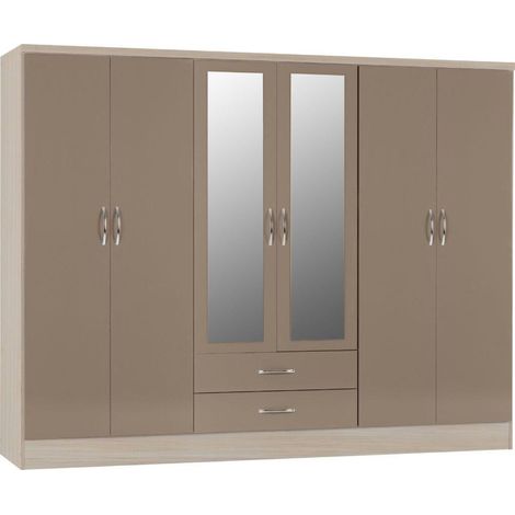 Nevada 6 Door 2 Drawer Mirrored Wardrobe - L52 x W230 x H182.5 cm - Oyster Gloss/Light Oak Effect Veneer (1/5)