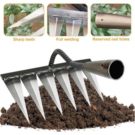 Râteau de jardin en acier au carbone – 6 dents acérées pour le désherbage et les semis – durable et compatible avec différents manches. (1/4)