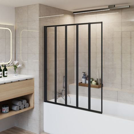 Aquariss 1400x1200mm Bathroom 5 Folding Panel Bath Shower Screen 4mm Self Clear Glass Pivot Door Reversible Black (1/5)