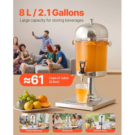 Distributeur de Boissons Capacité 8 L, Fontaine à Eau en Acier Inoxydable et Plastique, avec Robinet, Compartiment à Glace et Plate… (1/5)