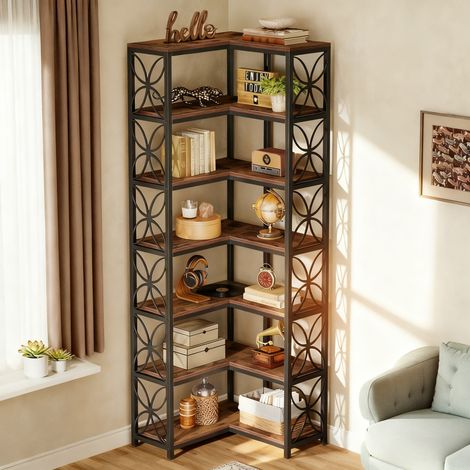 Étagère d'angle de 200 cm, Bibliothèque d'angle à 7 Niveaux Industrielle, Structure Métallique, Étagère de Rangement,Brun et Noir