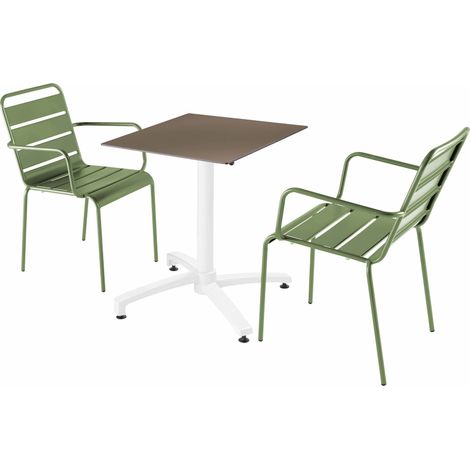 Ensemble table terrasse stratifié taupe et 2 fauteuils vert cactus (1/5)