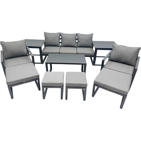 Fimous 9 Seat Outdoor Garden Furniture Set Aluminium Lounge 3 Seat Sofa Oblong Coffee Table Sets with Chair 4 Stools Dark Grey (1/5)