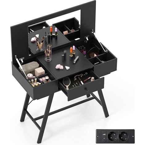 COSTWAY 2 in 1 Tavolo da Trucco Pieghevole, Tavolo da Toeleta con Specchio a Ribalta, Stazione di Ricarica, 6 Scomparti, Cassetto, Piano di Lavoro, per Soggiorno Camera da Letto (Nero) (1/5)