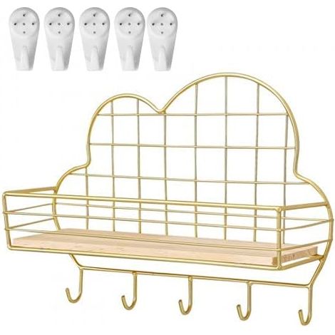 Cloud Shaped Metal Key Holder with Wooden Board and 5 Hooks - Metal Storage Basket for Entryway Hallway - Gold