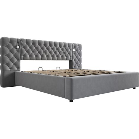 Cama canapé 180 x 200 cm de terciopelo gris con iluminación y somier de láminas (1/5)