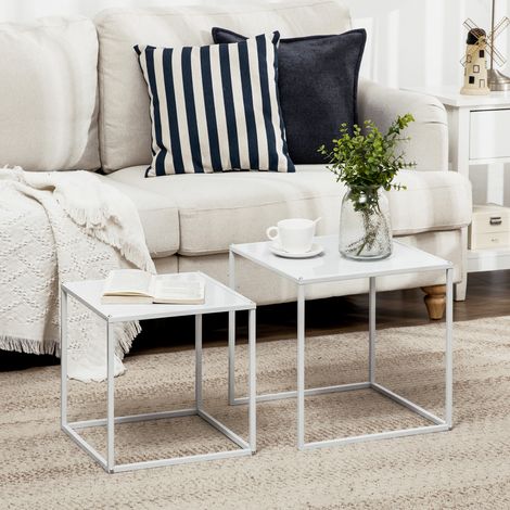 2er-Set Satztische, quadratische Couchtische fürs Wohnzimmer, Material: Stahl, groß 40 cm, klein 35 cm, weiß