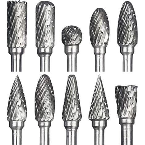Jeu de Fraises Rotatives Acier Carbure de Tungstène Double Tranchant pour Outil rotatif,  , 10 pièces Tige 1/8” pour Bricolage, Sculpture sur bois, Polissage métaux, Gravure, Perçage (1/4)
