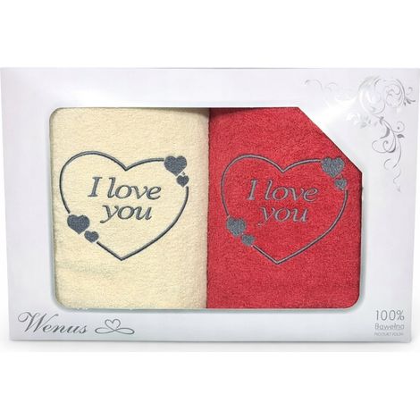 Handtuchset mit „Ich liebe dich“-Stickerei, 70 x 140 cm, ecru, rot (1/2)