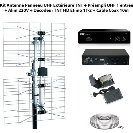 Kit Antenne Panneau UHF Extérieure TNT + Préampli UHF Réglable 1 entrée + Alim 220V + Décodeur TNT HD Etimo 1T-2 + Câble Coax 10m (1/5)