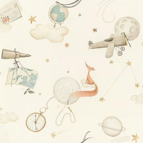 Clouds & Stars Wallpaper Kids Nursery Bedroom White Aeroplane Feature Wall (1/4)