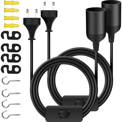 Set of 2 E27 lamp sockets with switch and plug,  black E27 lamp base with 2M power cable,  Bulb Socket Cable Pendant Light Fixture for Floor Lamps and Chandeliers (1/5)