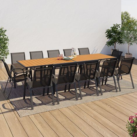 Conjunto de muebles de jardín POLY mesa extensible 135-270 CM y 12 sillas madera y gris oscuro
