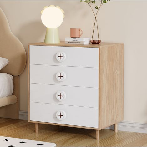 Commode 80x54x90 cm blanc et naturel en MDF avec 4 tiroirs et dispositif anti-basculement (1/5)