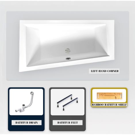 Asymmetrische Badewanne - 170 x 125 cm - Links - ohne Verkleidung - mit Füßen - Bambusablage - Ablaufgarnitur Chrom - INTIMA DUO