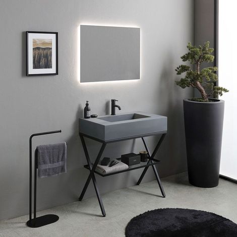 Mueble De Baño De Suelo 80Cm Con Lavabo Gris Y Espejo Led  Manchester