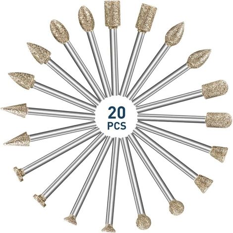 Diamantfräser-Set, 20-teiliges Set mit Zubehör für Rotationswerkzeuge mit 1/8"-Schaft zum Schnitzen, Schleifen, Polieren und Gravieren von Stein, Keramik und Glas (1/4)