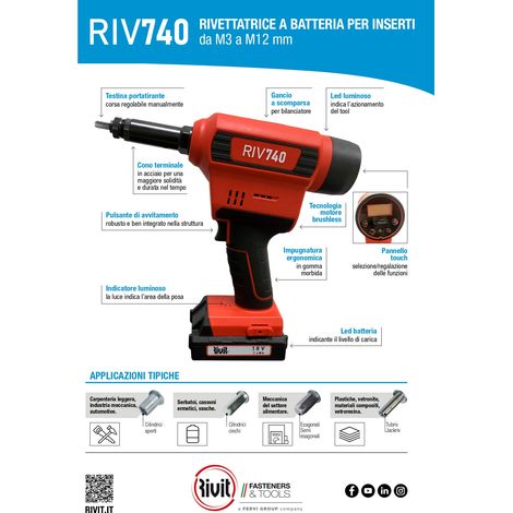 Remachadora a bateria de litio para insertos M3-10 18,0V 2,0Ah Rivit RIV740