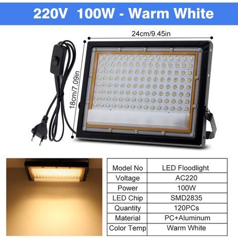 Projecteur LED étanche IP65 100 W – Alimentation AC 220 V / DC 12 V – Éclairage extérieur puissant avec lumière chaude (3000 K) – Prise européenne – Idéal pour façades, jardins et espaces commerciaux