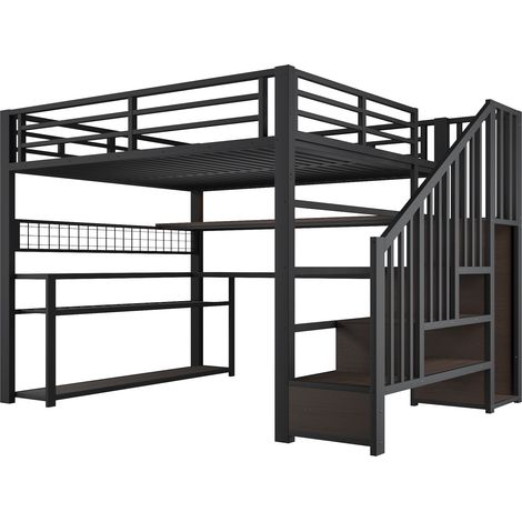 Cama alta metálica 140x200 con LED, escritorio, armario y almacenaje, negro (1/5)