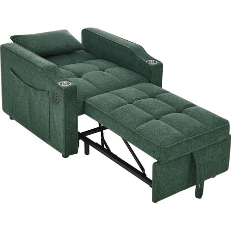 Fauteuil-lit 3-en-1 avec port USB/Type-C, canapé-lit (190 cm) avec porte-gobelet en acier inoxydable, fonction lit et dossier réglable sur 3 niveaux, poches latérales. Idéal pour les petits espaces et (1/5)