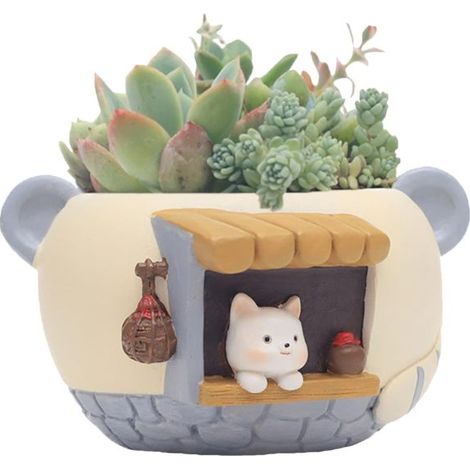 Pot de fleurs Irovami en résine, motif tête de chat, 12,5 x 11,5 x 7,5 cm, pour intérieur et extérieur, style chat tigré. Idéal pour la décoration de la maison ou du bureau. (1/5)