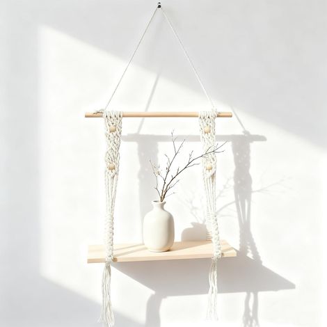 Étagère Murale Bois, Suspension macramé bohème, Tissage Main (1/5)
