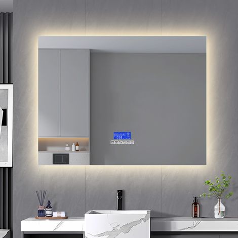 LED-Badezimmerspiegel, rechteckig, 100 x 80 cm – beschlagfrei – Uhr/Temperatur – 3 Farbtöne/Helligkeit – Touchscreen – rahmenlos (1/5)