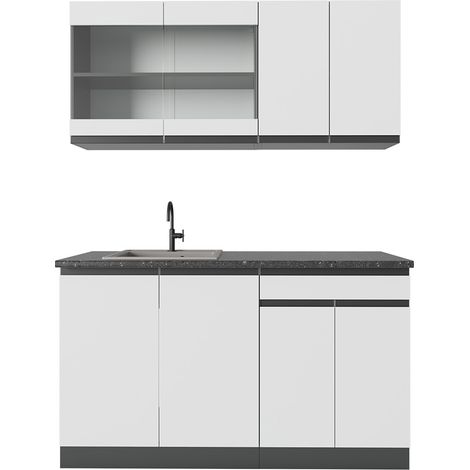 Singleküche R-Line, Weiß/Anthrazit, 140 cm , AP Anthrazit, Vicco