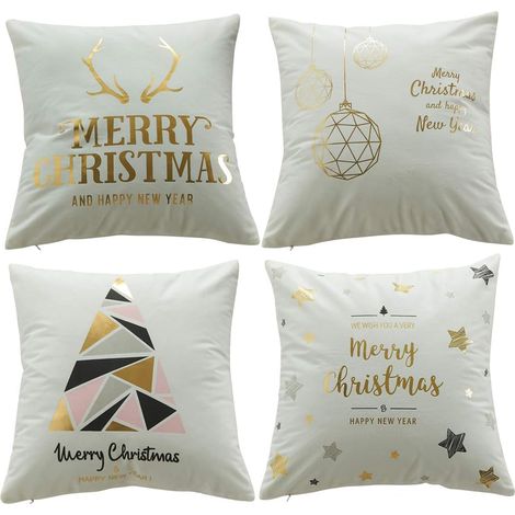 Hengweiuk Set of 4 Square Cushion Covers in Soft Velvet and Fleece with Christmas Pattern, 45 x 45 cm, Cotton, Christmas B, 18 x 18 inches (1/5)