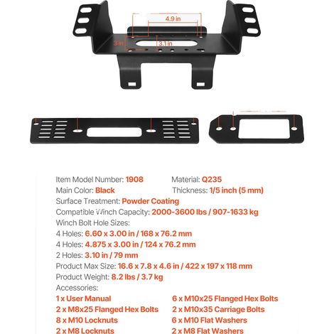Support de treuil, revêtu de poudre, pour modèles Polaris Ranger, 2000-3600 lbs (1/2)