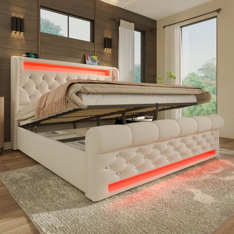 Lit coffre 160x200 avec matelas et LED beige HAVRYA (1/5)
