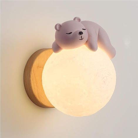 Nordic Moon Resin Wall Lamps, Milk White Sphere Wall Mounted Light Bedside Cartoon Cute Ball Wall Sconces for Bedroom Children(Pink Rabbit) (1/5)