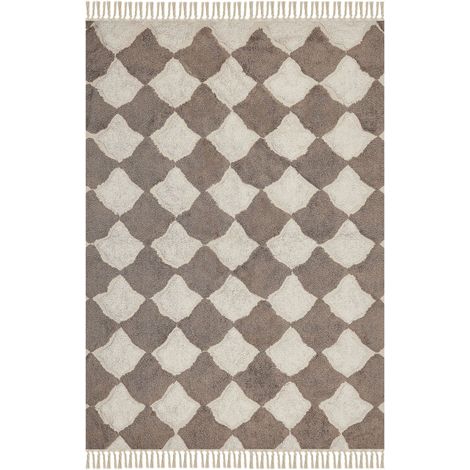 Tappeto in cotone con nappe e motivo a geometrico marrone e beige 140 x 200 cm Sinop