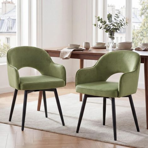 Wahson Set of 2 Velvet Swivel Dining Chairs, Modern Kitchen Corner Chairs with Hollow Backrest for Living Room and Restaurant, Green