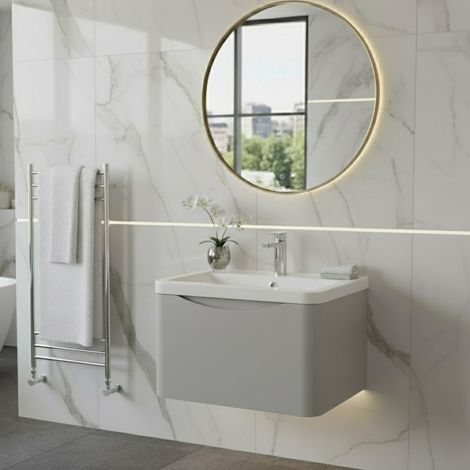 Nuie Lunar Satin Grey 600mm Wall Hung Single Drawer Vanity Unit and Ceramic Basin - LUN205A (1/5)