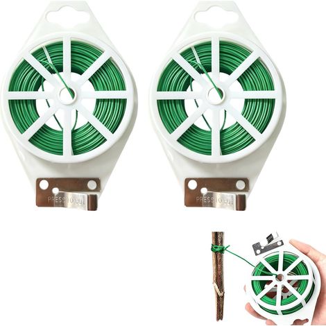 Alambre de jardín recubierto de PVC verde, paquete de 2 rollos (100 m cada uno), alambre para atar plantas con dispensador y cortador, ideal para atar plantas, flores, árboles, modelismo DIY, uso inte (1/5)