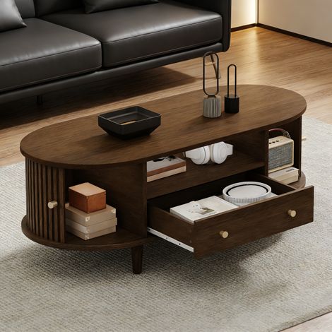 REDOM Mesa de centro ovalada 100x50x36 cm 1 cajón, espacio abierto, puerta enrollable 4 patas MDF color nogal (1/5)