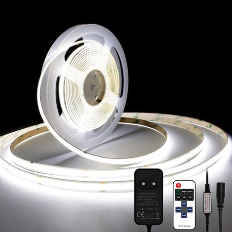 Ruban LED COB 6000K, 5M DC24V Bande LED Blanc Froid avec Alimentation et télécommande, 480LEDs/M, CRI 93+, Largeur 8mm, Bandeau Lumineux pour la Décoration de la Chambre (1/5)